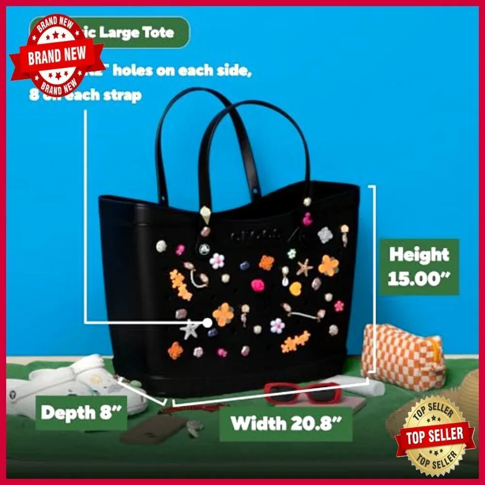 Large Durable Tote Bag with Jibbitz Charm Holes, Soft Straps, Washable